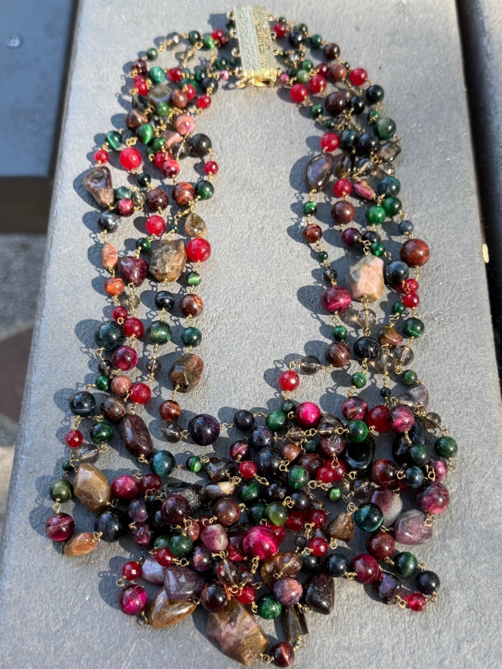 VINTAGE ROSANTICA MILANO MULTI GEMSTONE ROWS LONG OVERSIZED STATEMENT NECKLACE